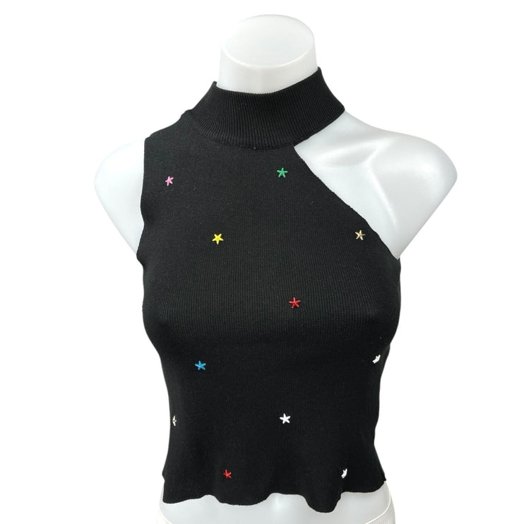 The Way Black Stars Beaded Sleeveless Asymmetric One Shoulder Crop Tank Top OS