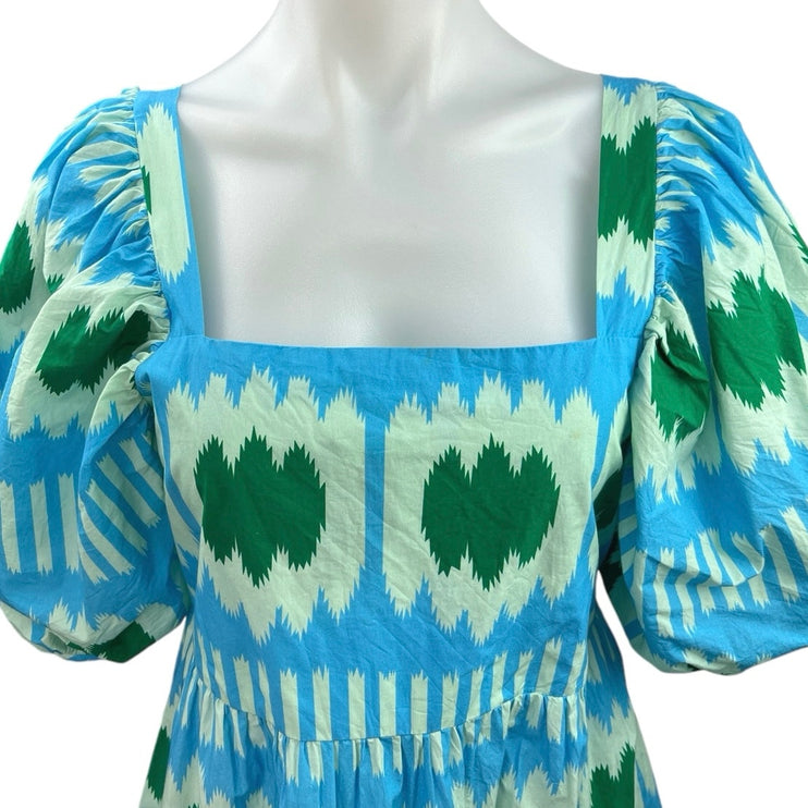 Oliphant Blue Green Puff Sleeve Square Neck Ikat Ruffle Tiered Mini Dress Size M