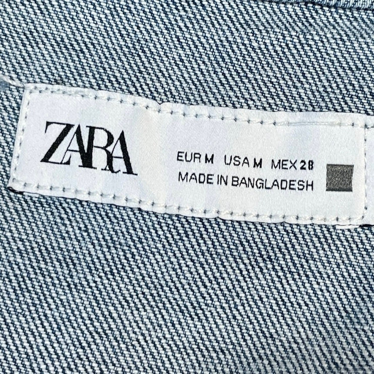 Zara Women's Blue Denim Jean Short Sleeve Button Down A Line Mini Dress Size M