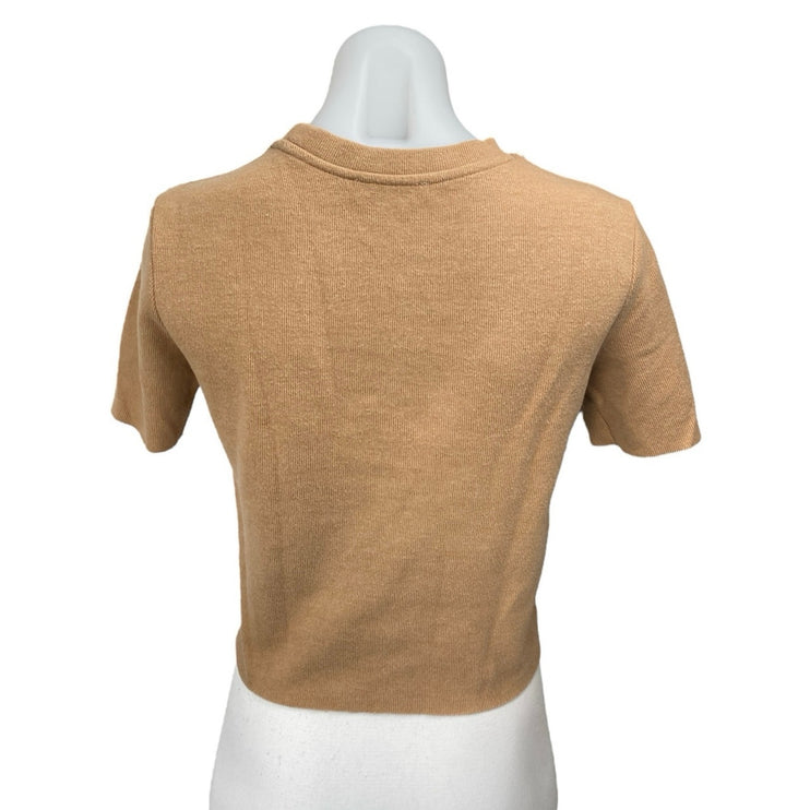 Zara Tan Short Sleeve Pearl Beaded Embellished Knit T Shirt Tee Top Size S
