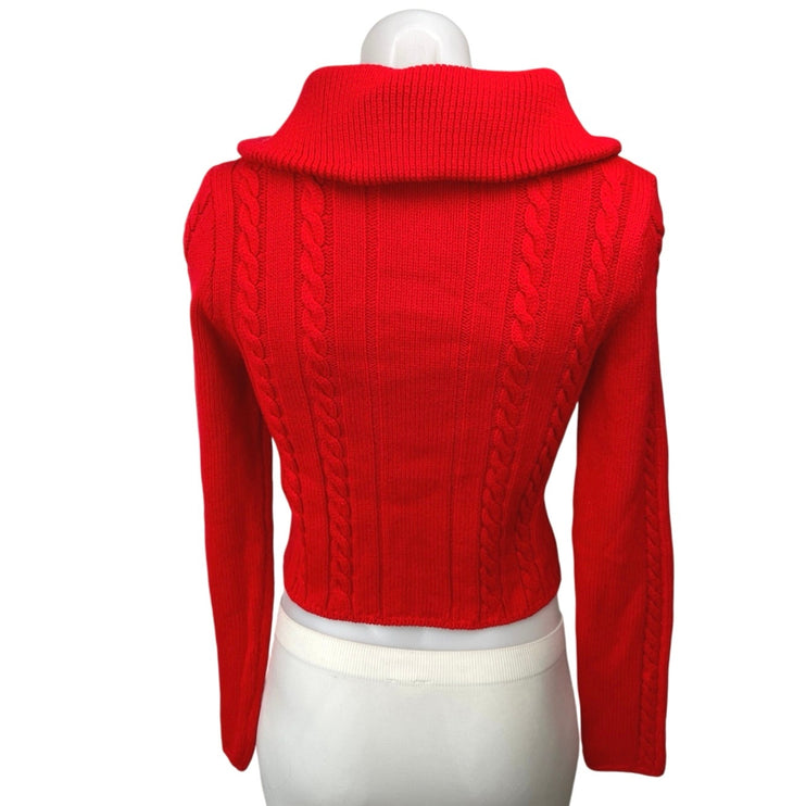 Zara Red Cable Knit 1/4 Zip High Neck Collared Long Sleeve Crop Sweater Top Sz S