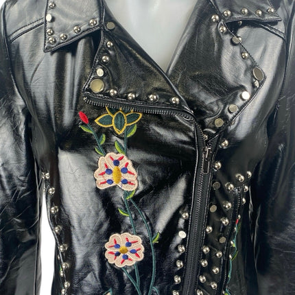 Elli White Black Faux Leather Floral Embroidered Studded Moto Biker Jacket Sz S