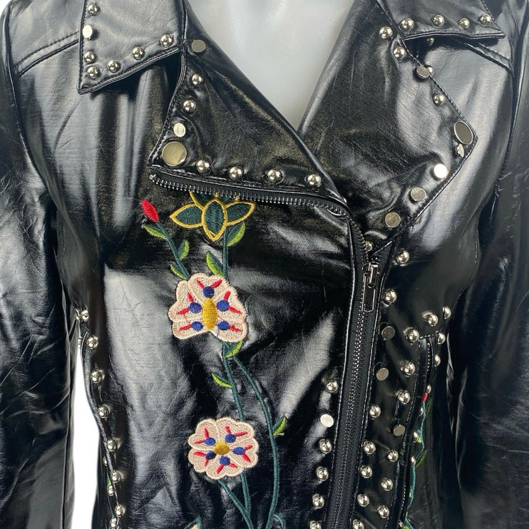 Elli White Black Faux Leather Floral Embroidered Studded Moto Biker Jacket Sz S