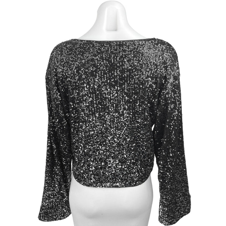 Revolve x LPA Robyn Black Silver Sequin V-Neck Long Sleeve Crop Top Cardigan XS