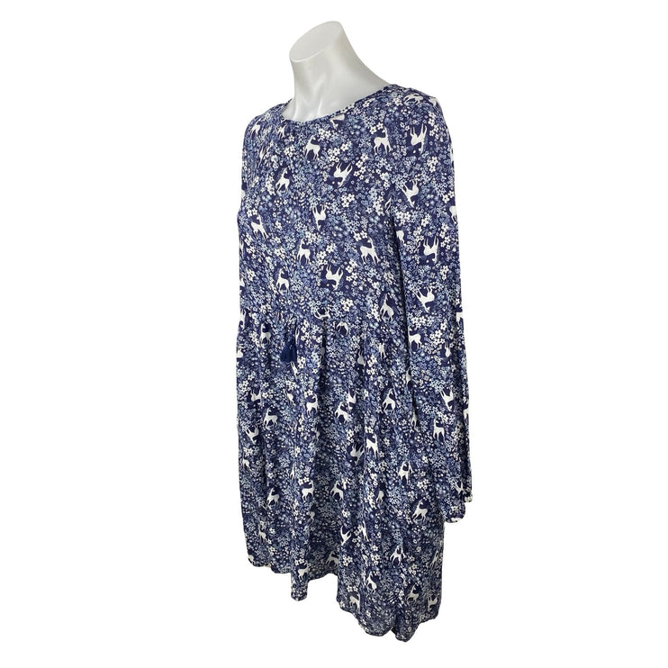H&M Women's Blue Unicorn Floral Print Long Sleeve Mini Flare A-Line Dress Sz 14