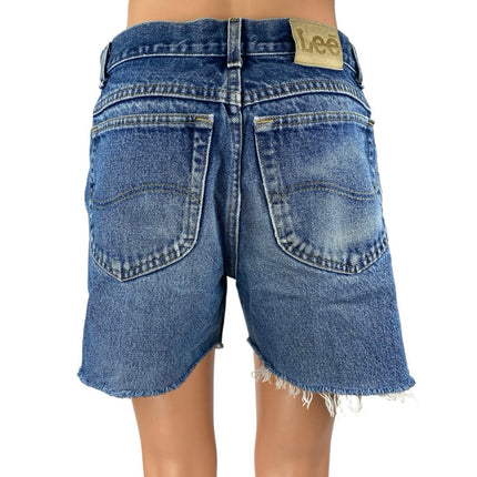 Lee Women's Blue High Waisted Medium wash Frayed Raw Hem Denim Jeans Shorts Sz M
