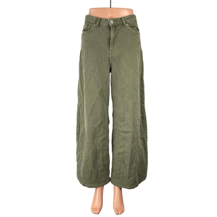 MONKI Women's Green High Waisted Wide Leg Palazzo Baggy Denim Jeans Size 34