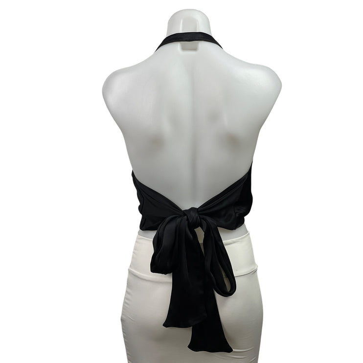 Zara Black Silk Satin Halter Cowl Neck Tie Open Back Backless Crop Top Size M