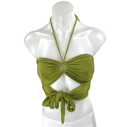 Princess Polly Green Ribbed Knit Halter Sleeveless Cutout Tie Crop Top Size 4
