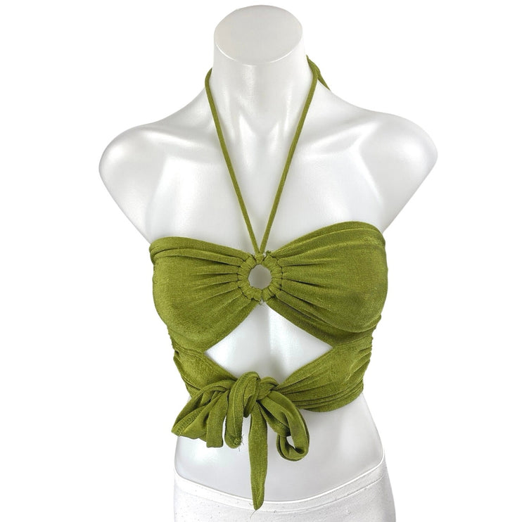 Princess Polly Green Ribbed Knit Halter Sleeveless Cutout Tie Crop Top Size 4