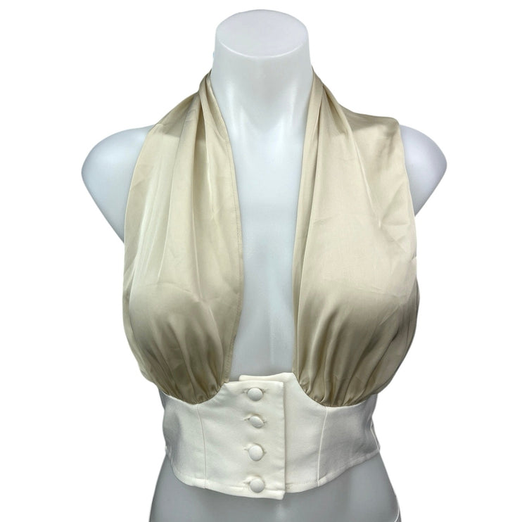 ASOS Design Gold White Colorblock Silk Satin Halter Button Vest Crop Top Size 4