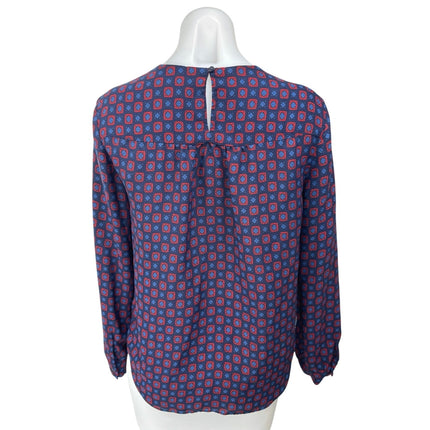 GAP Women's Blue Red Geometric Printed Long Sleeve Pleated Blouse Top Size XS