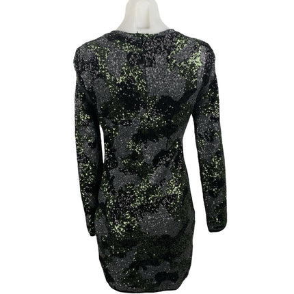 Zara Black Green Camo Sequin Sparkly Long Sleeve Crew Neck Mini Bodycon Dress M