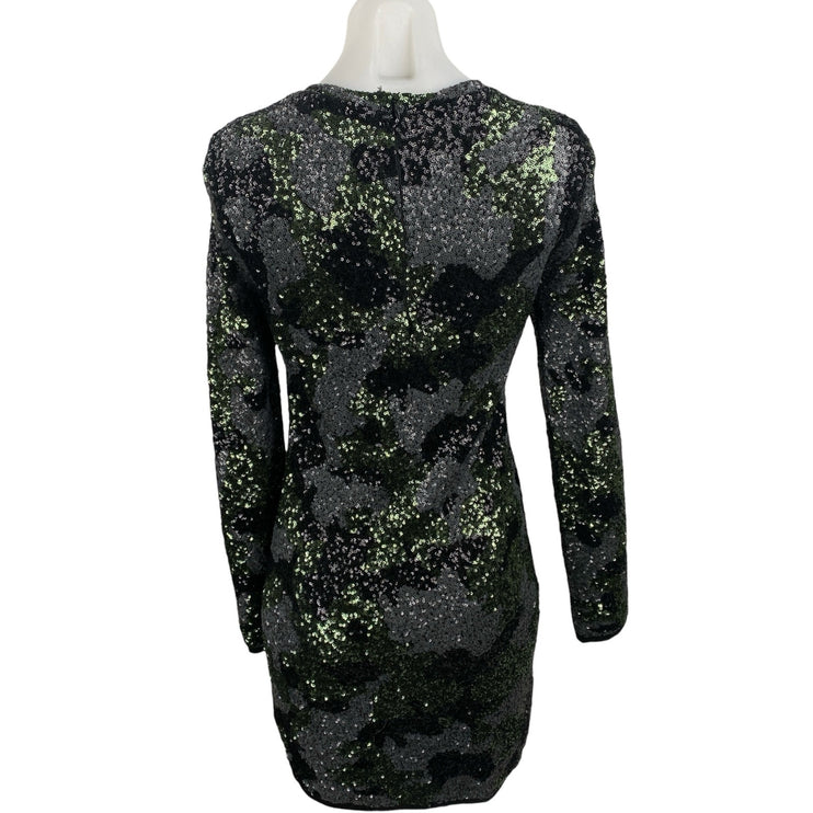 Zara Black Green Camo Sequin Sparkly Long Sleeve Crew Neck Mini Bodycon Dress M