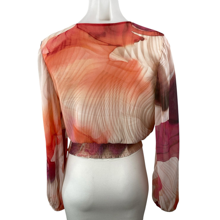 Express Women's Multicolor Abstract Print Sheer Mesh V Neck Wrap Blouse Top Sz L