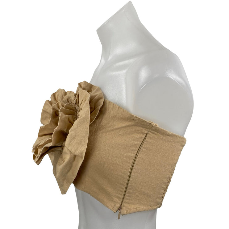 Zara Tan Linen Textured 3D Flower Floral Strapless Bandeau Tube Crop Top Size XS