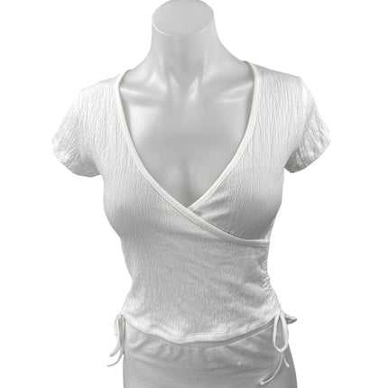 Brandy Melville White Crinked Faux Wrap Short Sleeve Ruched Crop Blouse Top Sz S