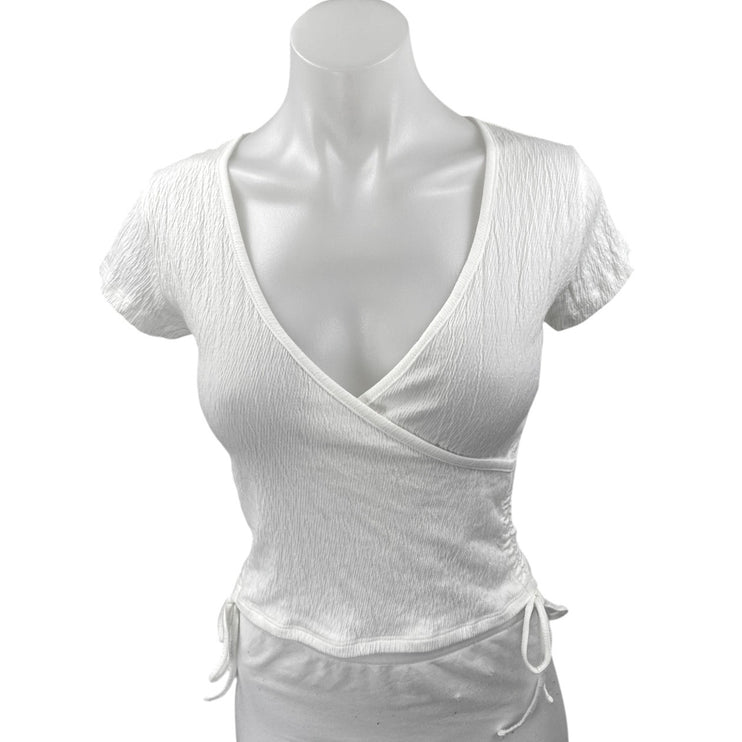Brandy Melville White Crinked Faux Wrap Short Sleeve Ruched Crop Blouse Top Sz S