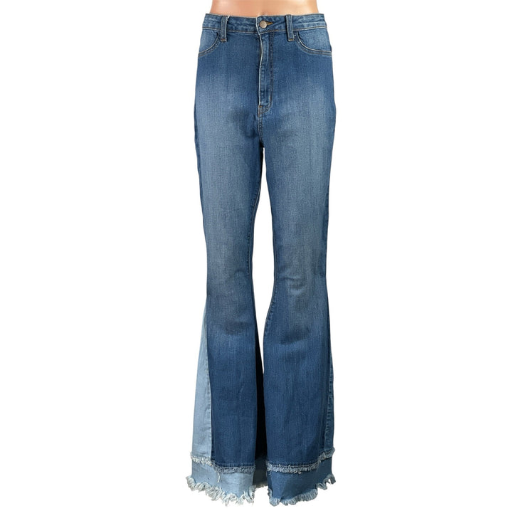Fashion Nova Women Blue Layered Patchwork Flare Bootcut Bell Bottom Denim Jean L