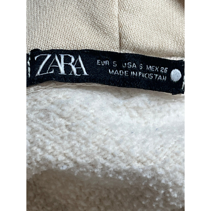 Zara Women's Beige Fleece Long Sleeve Loose Hoodie Hooded Sweatshirt Top Size S
