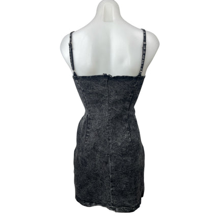 Women's Black Washed Sleeveless V Neck Lace Up Denim Jean Mini Bodycon Dress M