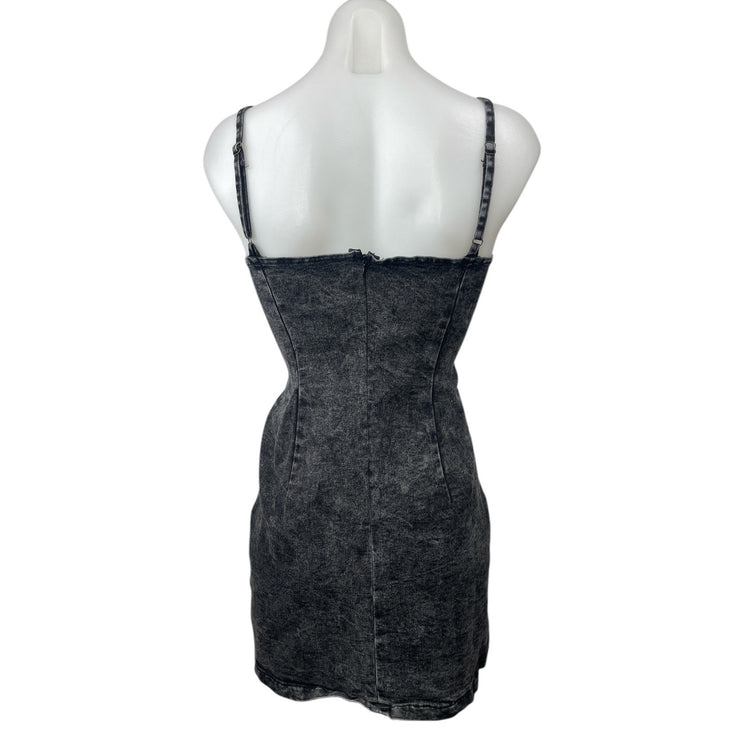 Women's Black Washed Sleeveless V Neck Lace Up Denim Jean Mini Bodycon Dress M