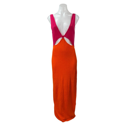 Aiblee Orange Pink Colorblock Cut Out Sleeveless V Neck Maxi bodycon Dress Sz M