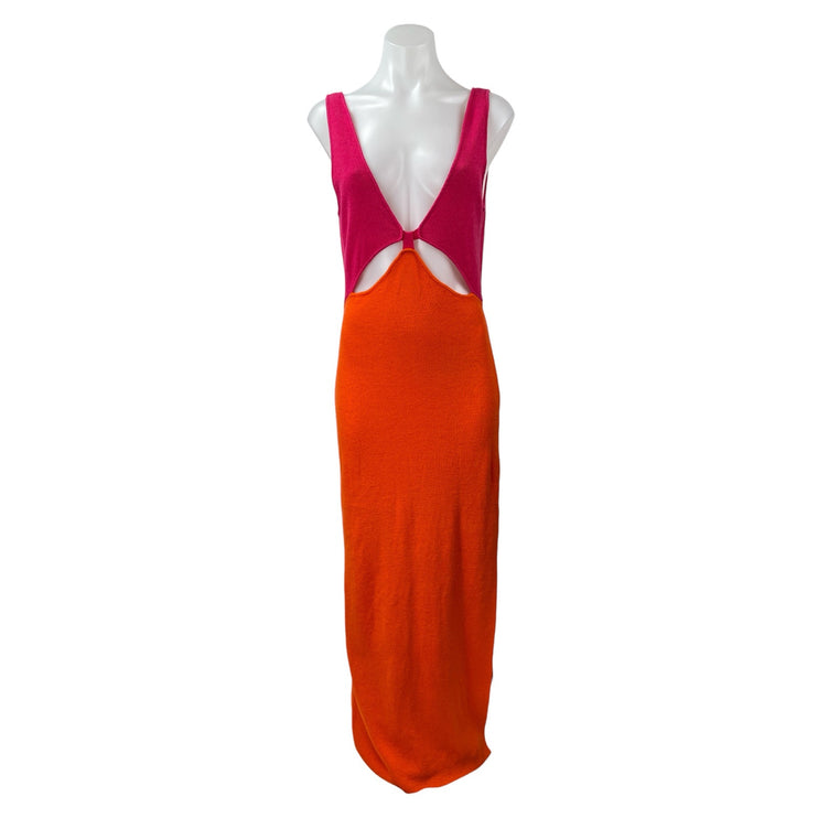 Aiblee Orange Pink Colorblock Cut Out Sleeveless V Neck Maxi bodycon Dress Sz M