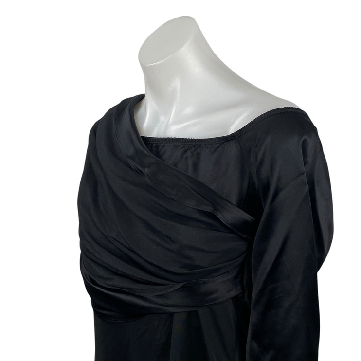NEW L'Agence Women's Black Silk Satin Draped Long Sleeve Blouse Top Size L