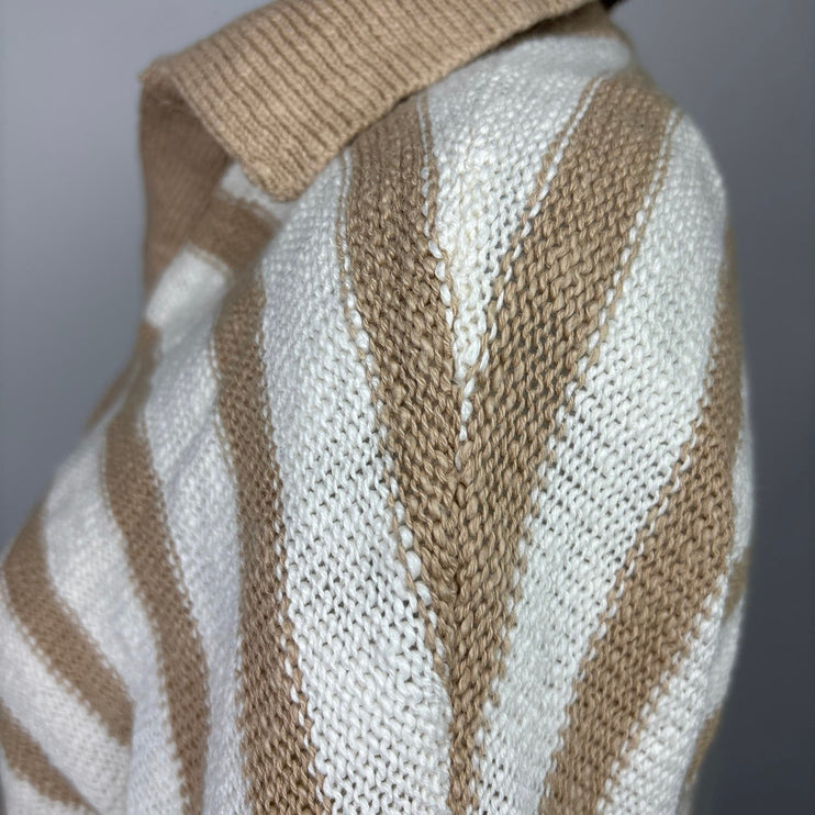 Sonoma Brown White Striped Waffle Knit Collar V-neck Long Sleeve Sweater Size M