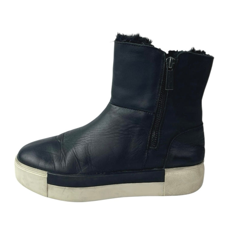 J/Slides Victory Black Faux Fur Round Tie Double Zip Platform Ankle Boots Sz 6.5