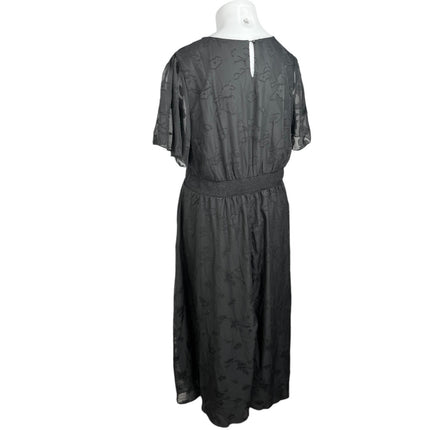 Simplee Black Embroidered Floral V-Neck Flutter Sleeve Midi A Line Dress Sz 3XL