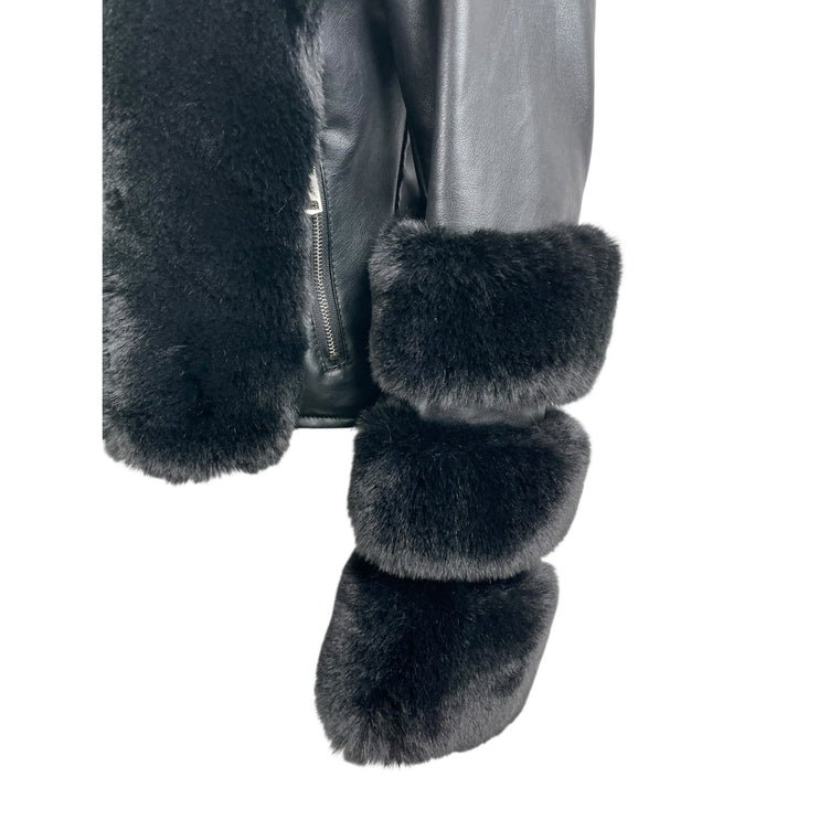 Women's Black Faux Fur Trim Faux Vegan Leather Crop Moto Biker Coat Jacket Sz S