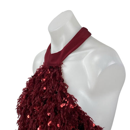 Zara Women's Red Sequin Fringe Halter Sleeveless Open Back Blouse Top Size S