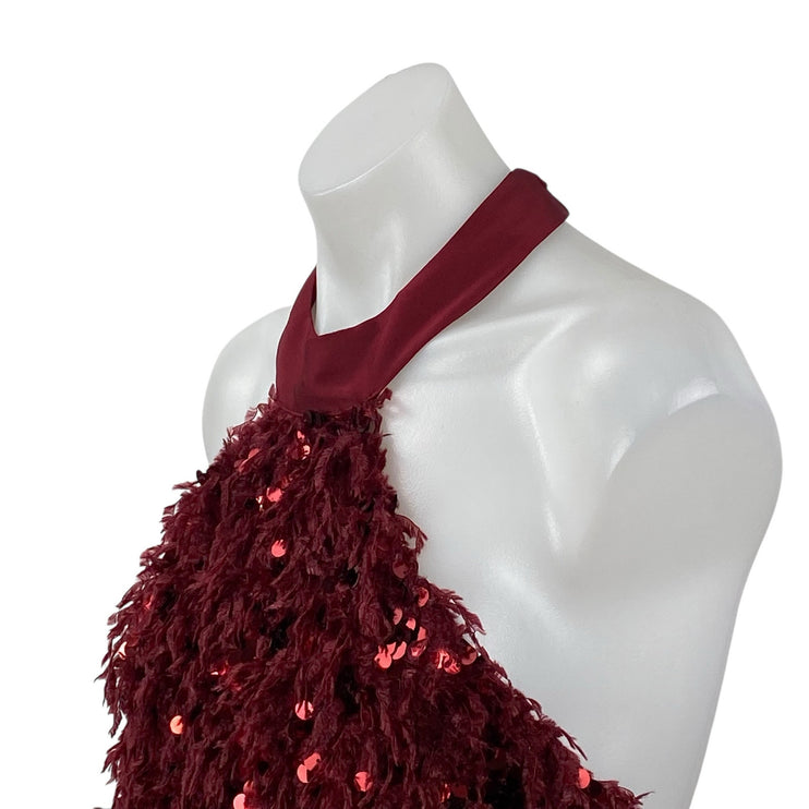 Zara Women's Red Sequin Fringe Halter Sleeveless Open Back Blouse Top Size S