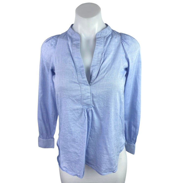 Ann Taylor LOFT Women's Blue Long Sleeve V-Neck Pleated Shirt Blouse Top Sz XXS