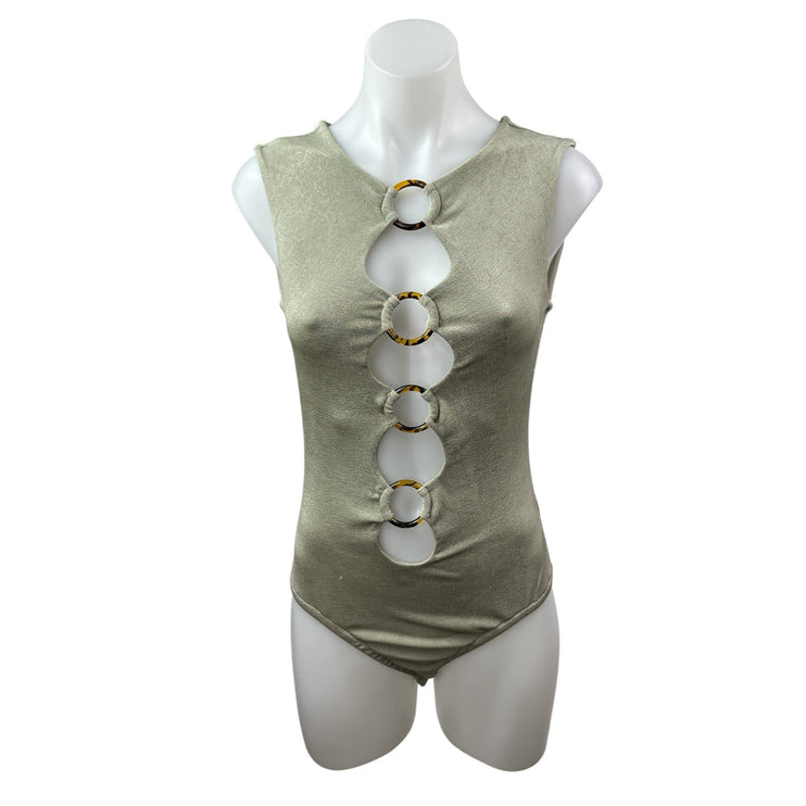Bailey Rose O-Ring Cut Out Women's Green Sleeveless Slim Tank Bodysuit Top Sz M
