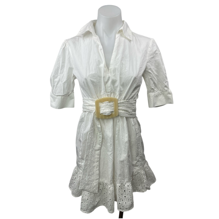 Zara White Belted Embroidered Eyelet Short Sleeve Mini A-Line Shirt Dress Size S