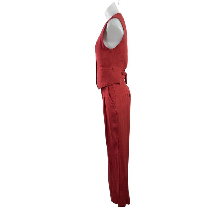 Zara Women's Red Linen Sleeveless Button Up Vest Trousers Pants 2 Piece Set XS