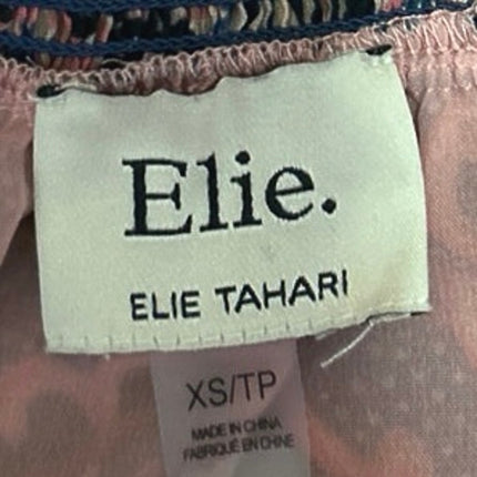 Elie Tahari Orange Blue Floral Dots Turtleneck Smocked Ruffle Blouse Top Size XS