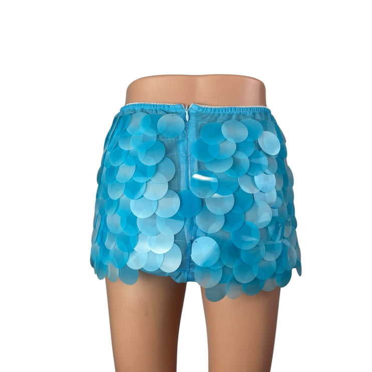 Women's Blue Sequin Shell Mermaid Sparkly High Rise Mini Casual Skirt Size L
