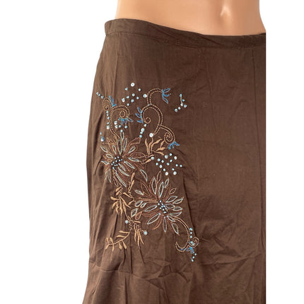Linden Hill Brown Floral Embroidered Beaded Rhinestone A Line Midi Skirt Size 4
