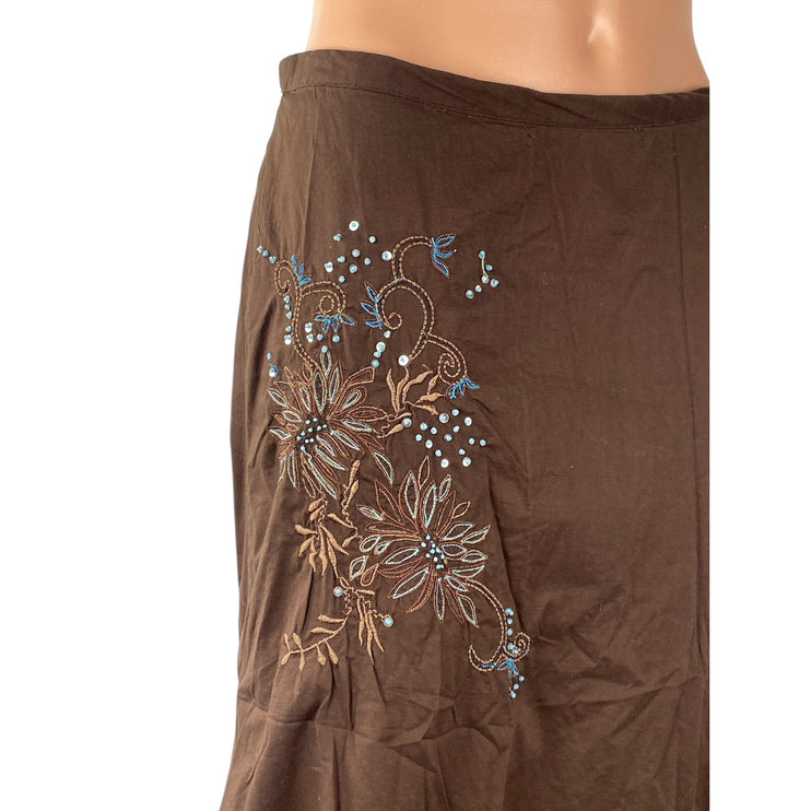 Linden Hill Brown Floral Embroidered Beaded Rhinestone A Line Midi Skirt Size 4