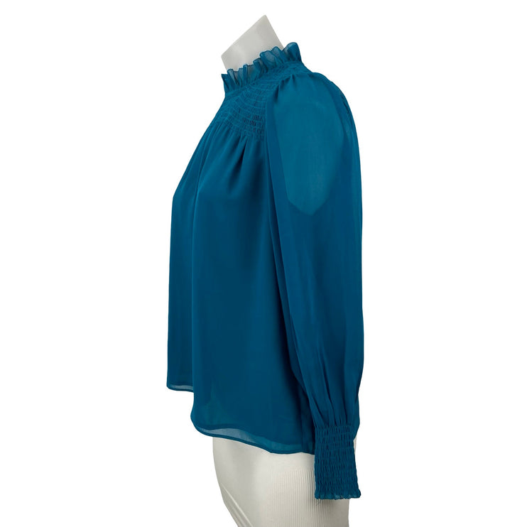 Ann Taylor Women's Blue Mock Neck Smocked Ruffle Long Sleeve Blouse Top Size XSP