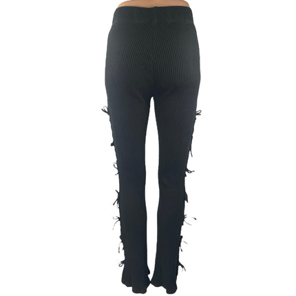 White Fox Women's Black Rib Knit Cutout Knot Side Flared Trousers Pants Size S