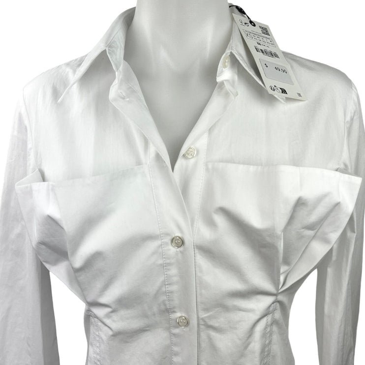 Zara NWT White Collared Cotton Long Sleeve Button Down Shirt Top Size XS