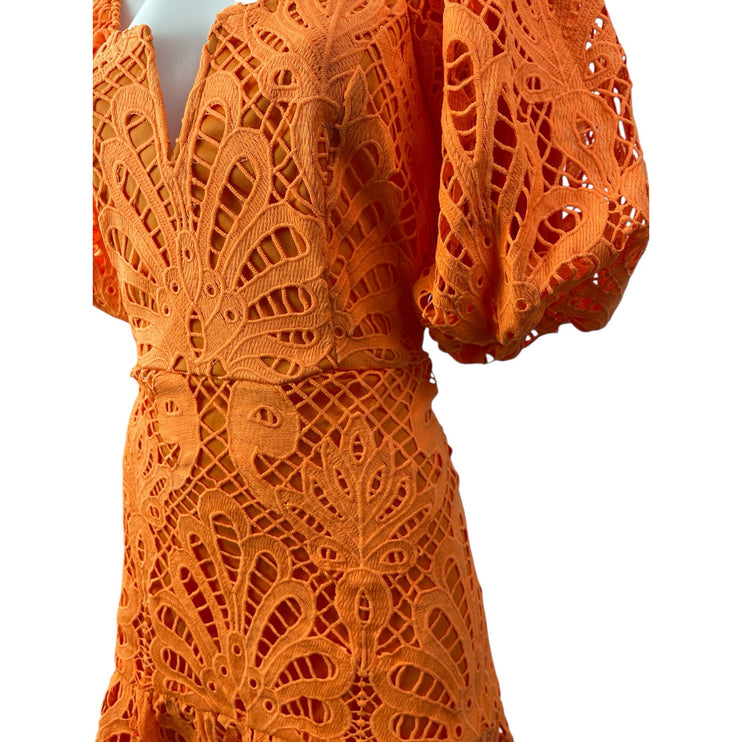 NEW Fashion Nova Key West Orange Floral Lace Puff Sleeve Mini A-line Dress Sz L