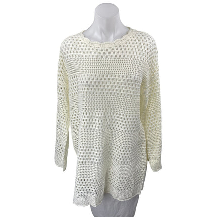 Women's Cream Open Knit Scallop Long Sleeve Tunic Dress Cover Up Sweater Size M