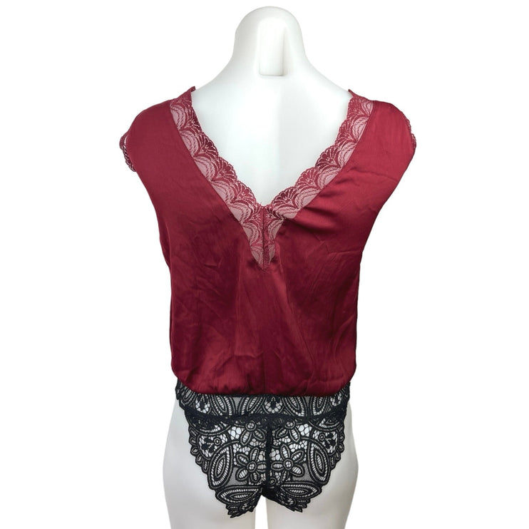 Free People Red Black Lace Cap Sleeve Boho V Neck Blouse Bodysuit Top Size S