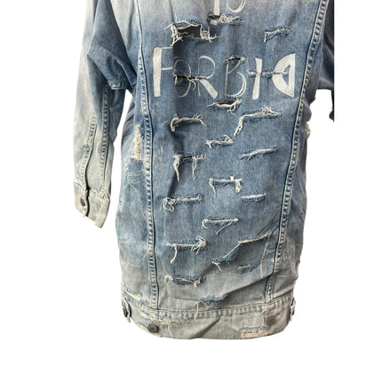 Zara Trafaluc Women's Blue Distressed Graffiti Long Sleeve Denim Jean Jacket S
